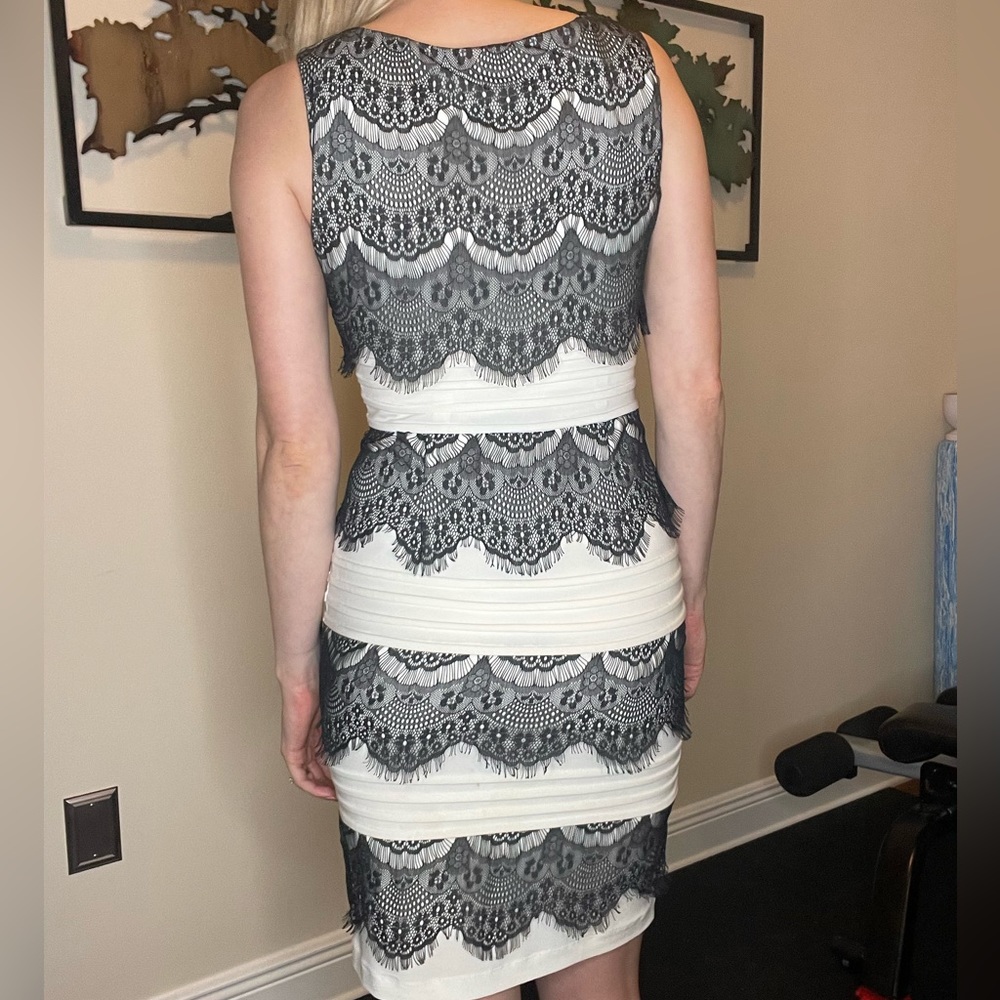 Black Lace and Cream White Fitted Cocktail Dress - Picture 3 of 8